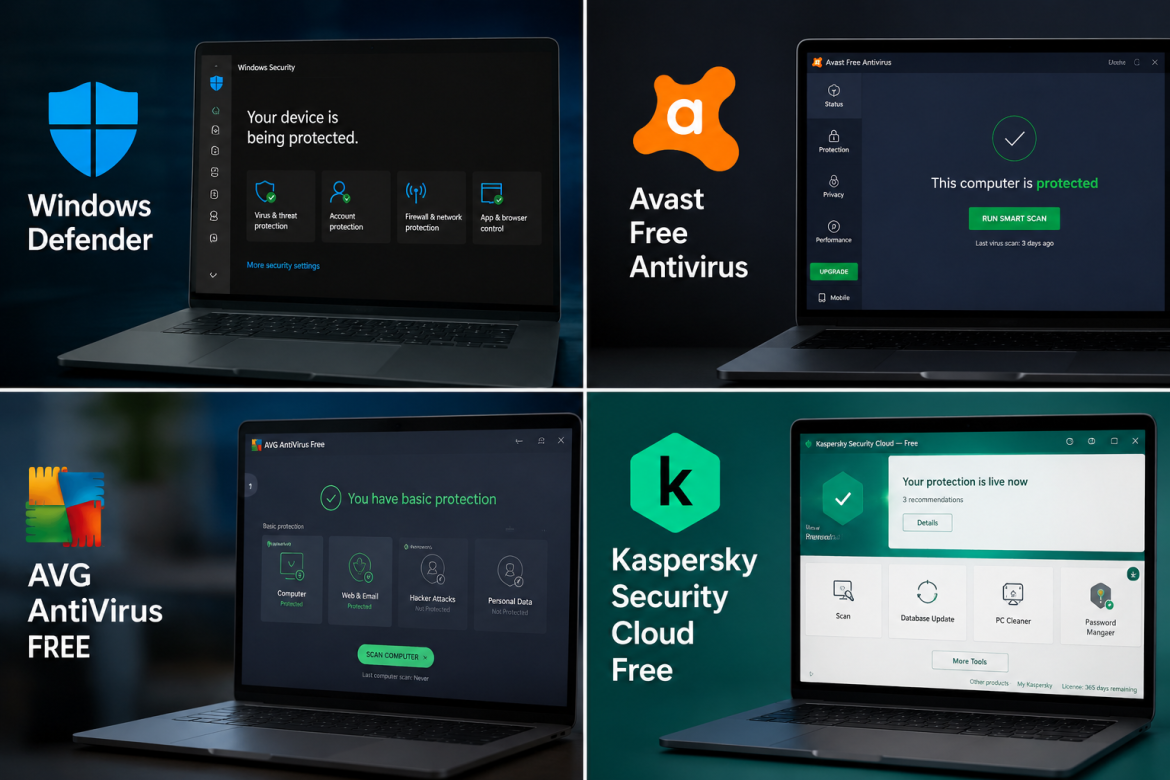 Колаж з інтерфейсами чотирьох безкоштовних антивірусів для ПК: Windows Defender, Avast Free, AVG AntiVirus Free та Kaspersky Security Cloud Free