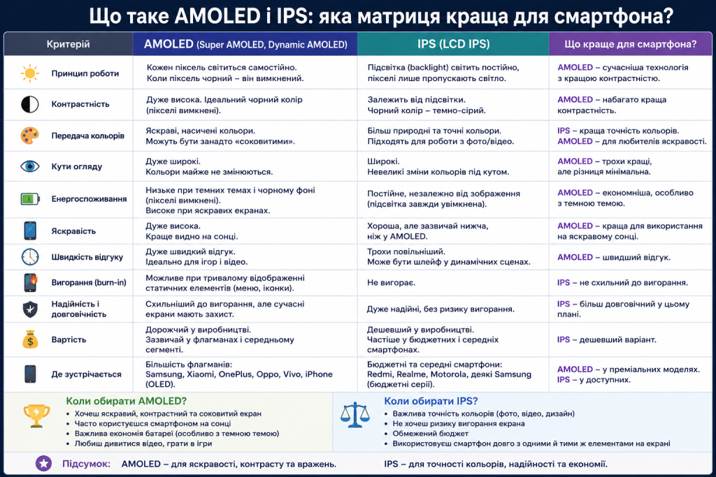 Порівняльна таблиця матриць AMOLED та IPS за контрастністю, передачею кольорів, енергоспоживанням, яскравістю, швидкістю відгуку та вигоранням екрана