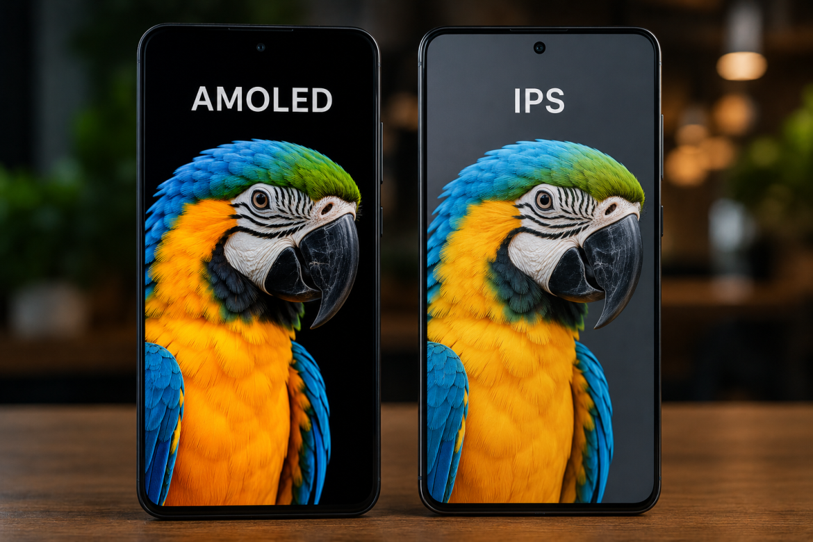 Два смартфони поруч з однаковим зображенням папуги: лівий з AMOLED-екраном показує яскравіші та насиченіші кольори, правий з IPS — більш природні відтінки