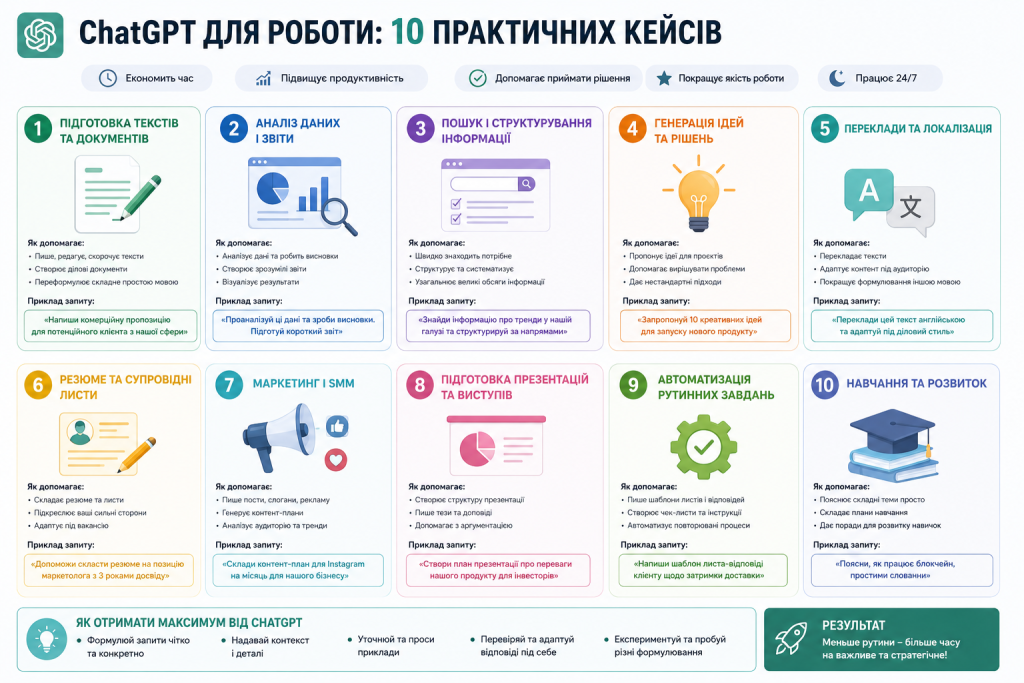 Інфографіка «ChatGPT для роботи» з описом 10 практичних кейсів: підготовка текстів, аналіз даних, маркетинг, автоматизація та інші