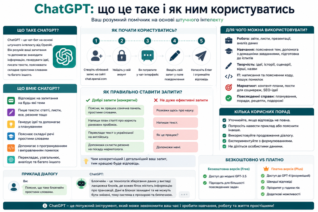 Інфографіка про ChatGPT: опис можливостей, покрокова інструкція старту, поради щодо запитів та порівняння безкоштовної і платної версії