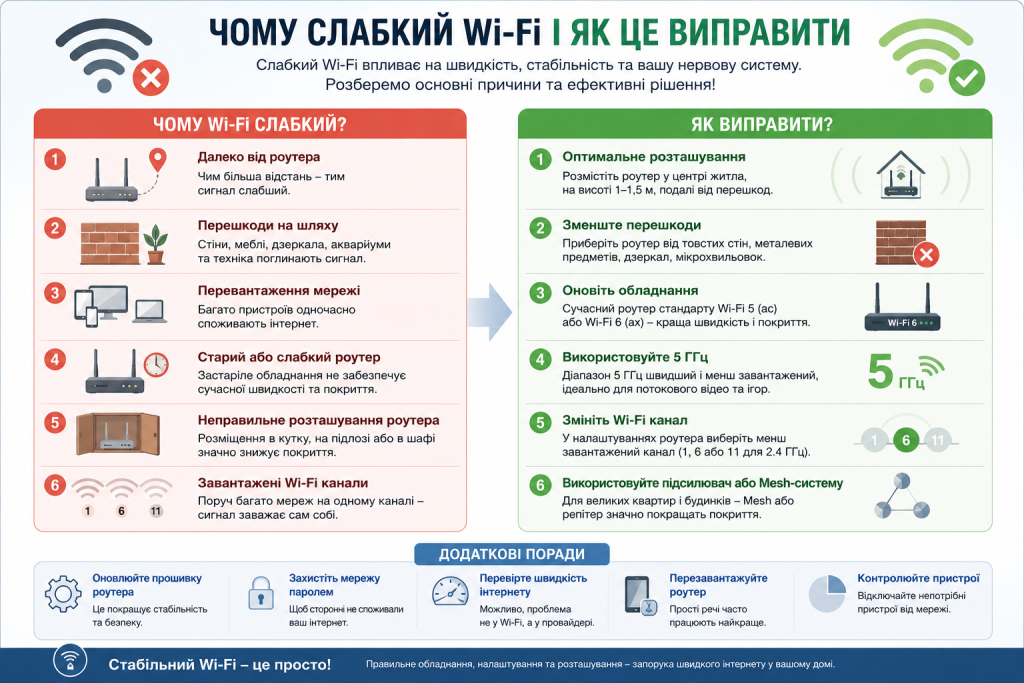 Інфографіка з причинами слабкого Wi-Fi сигналу та способами його покращення вдома