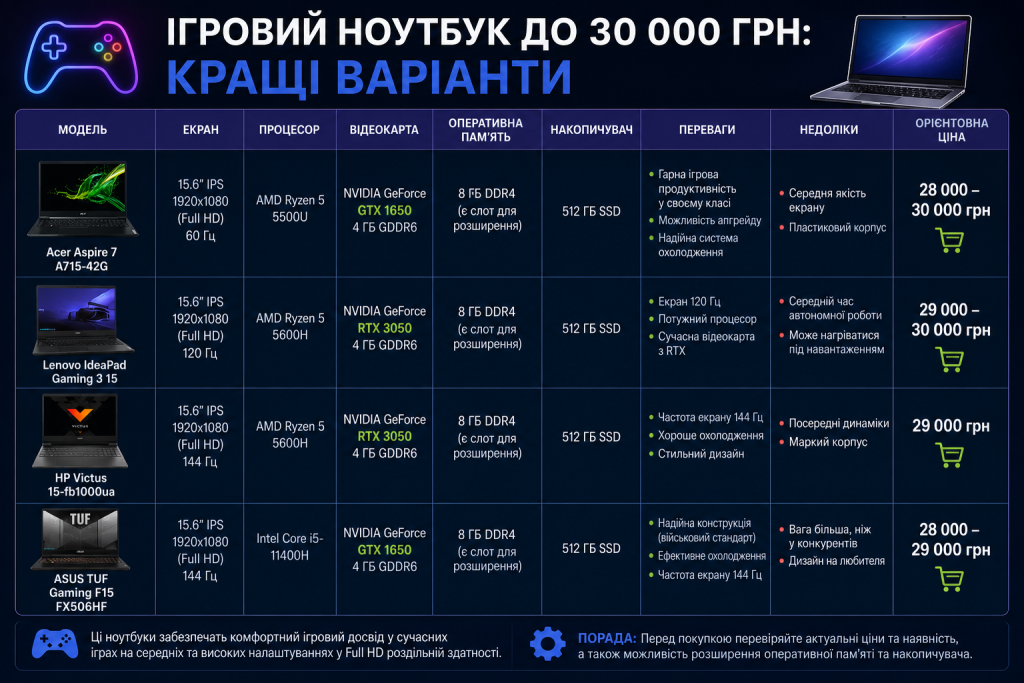 Порівняльна таблиця ігрових ноутбуків до 30 000 гривень: Acer Aspire 7, Lenovo IdeaPad Gaming 3, HP Victus та ASUS TUF Gaming F15