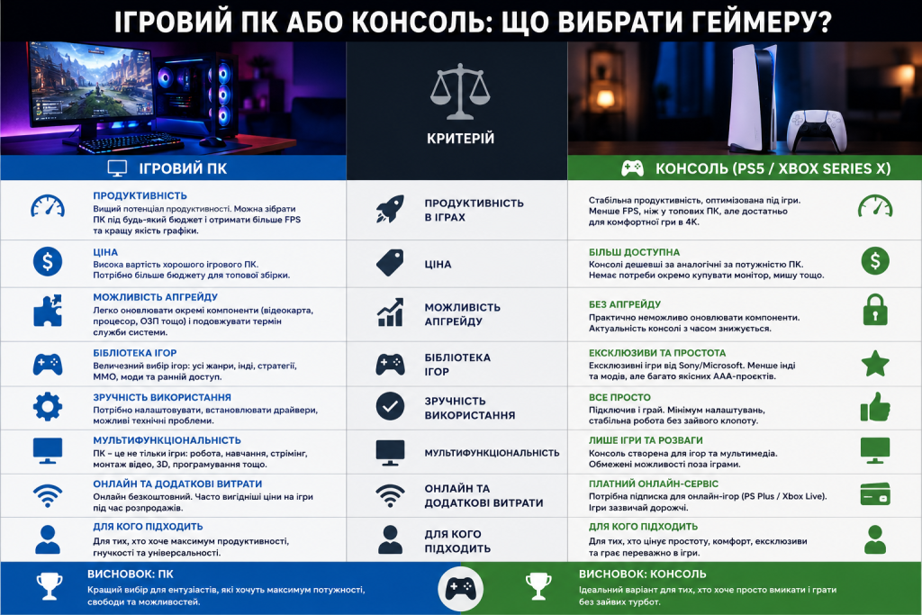 Порівняльна таблиця ігрового ПК та консолі PS5/Xbox Series X за критеріями: продуктивність, ціна, апгрейд, бібліотека ігор та зручність використання