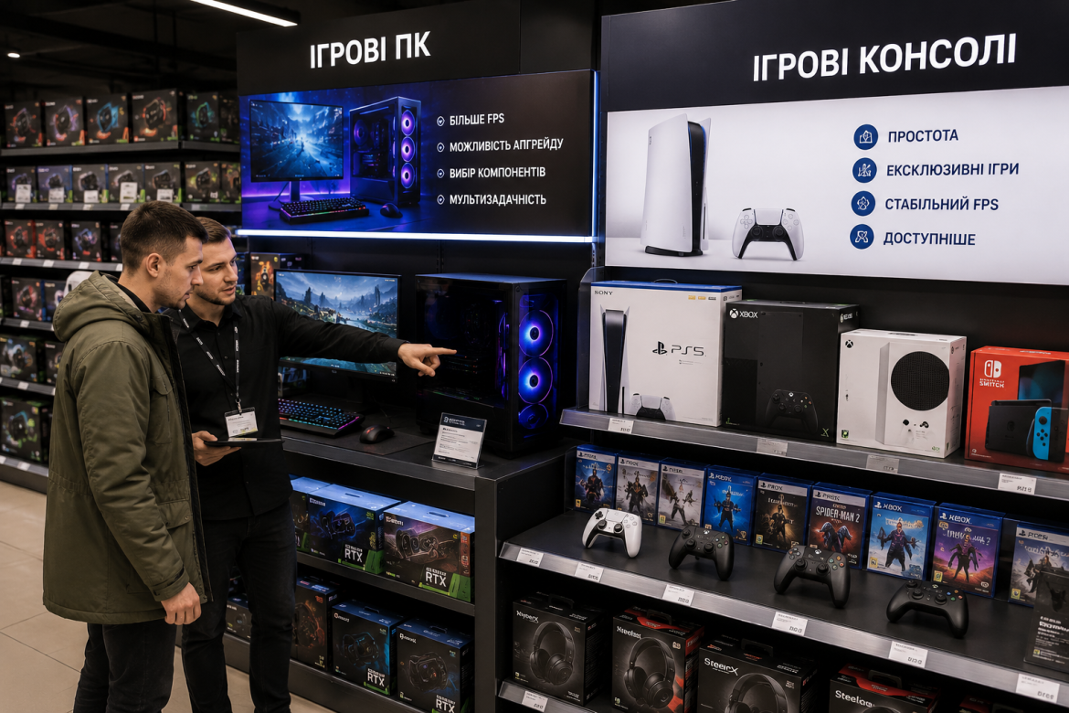 Консультант магазину показує покупцю ігровий ПК на фоні вітрини з ігровими консолями PS5, Xbox та аксесуарами для геймерів