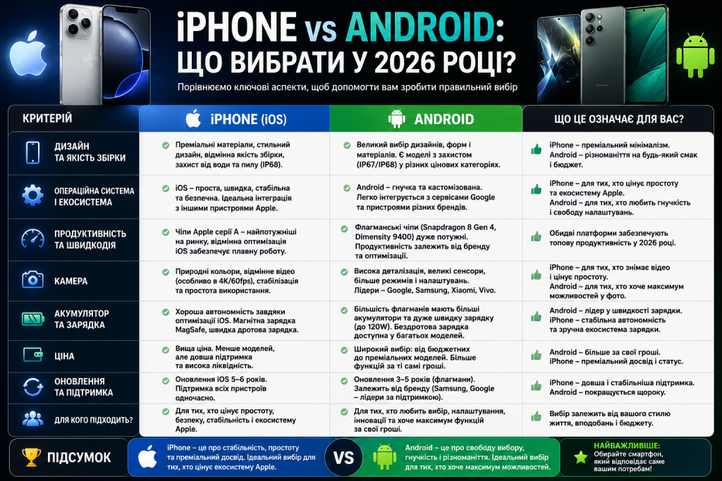Інфографіка з порівнянням iPhone та Android за критеріями: дизайн, камера, акумулятор, ціна, оновлення та екосистема