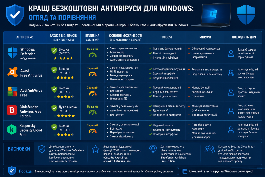 Порівняльна таблиця кращих безкоштовних антивірусів для Windows: Windows Defender, Avast, AVG, Bitdefender та Kaspersky