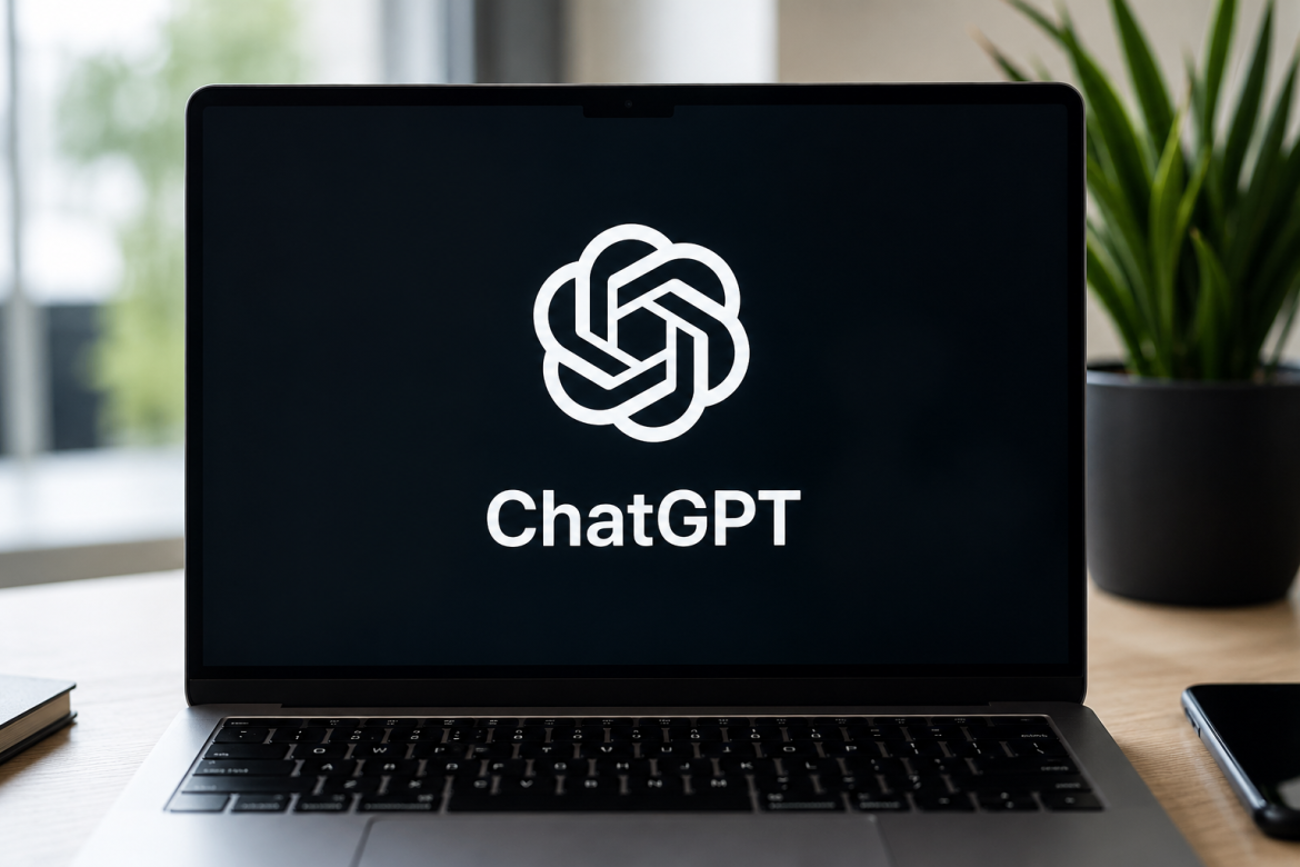 Логотип і назва ChatGPT на чорному екрані MacBook, що стоїть на робочому столі