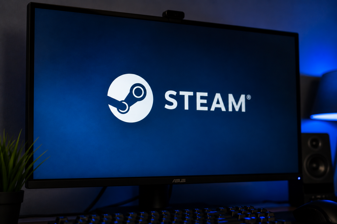 Логотип ігрової платформи Steam на синьому екрані монітора ASUS у темній кімнаті геймера