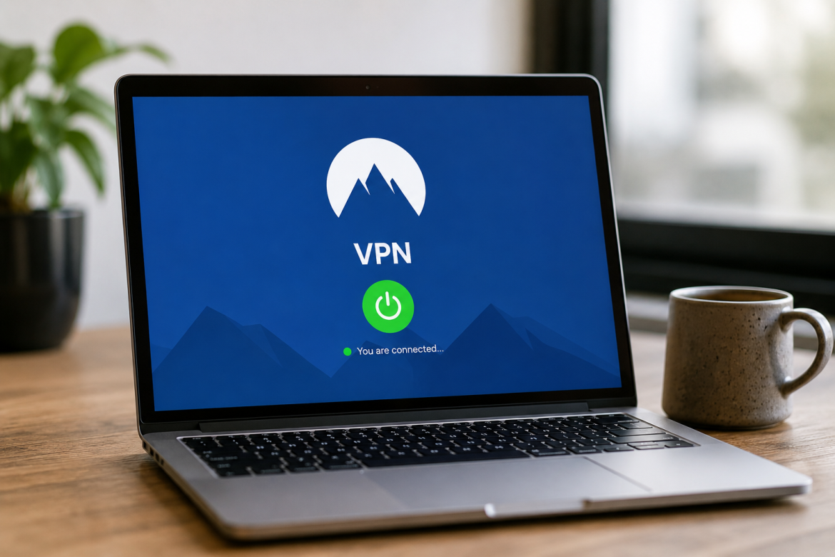 Екран ноутбука з інтерфейсом VPN-додатку та статусом активного захищеного з'єднання