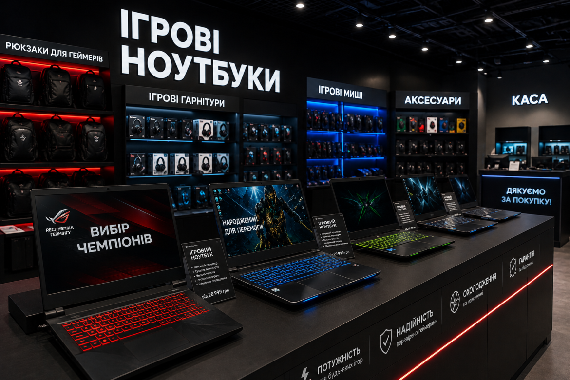 Вітрина магазину ігрових ноутбуків з підсвіченою RGB-клавіатурою, гарнітурами, мишками та іншими аксесуарами для геймерів
