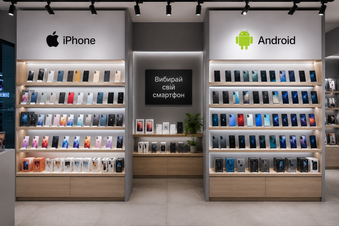 Вітрина магазину електроніки з окремими стелажами для iPhone та Android смартфонів з написом «Вибирай свій смартфон»
