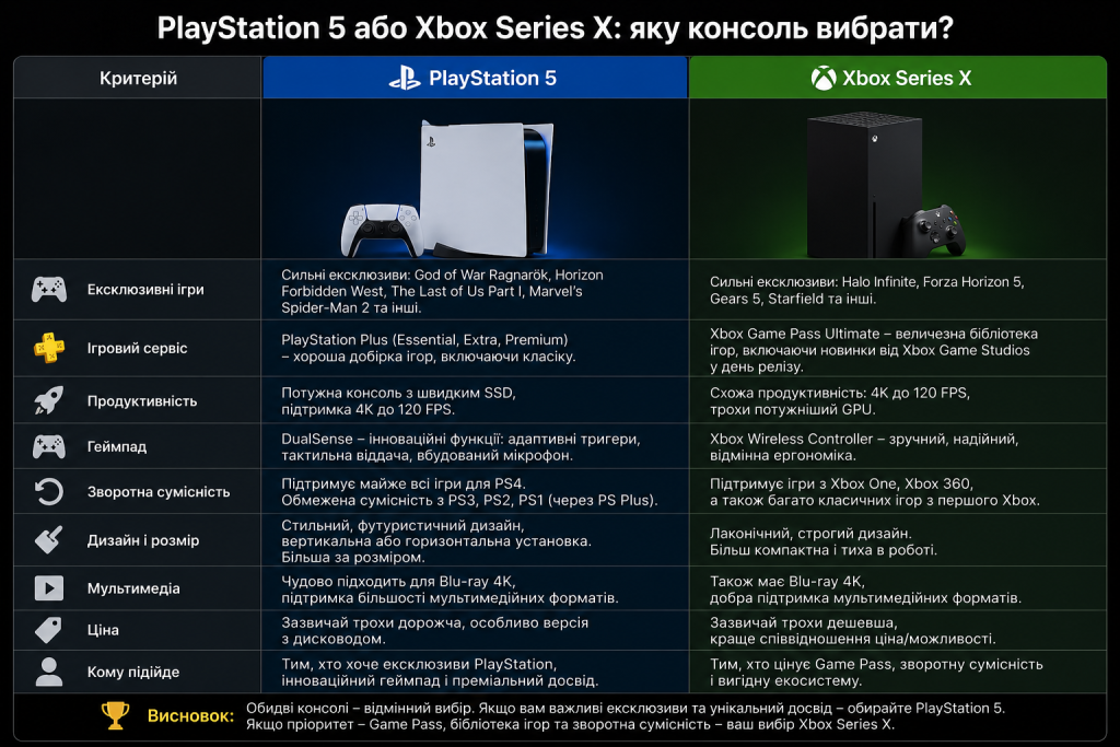 Порівняльна таблиця PlayStation 5 та Xbox Series X за критеріями: ексклюзиви, ігровий сервіс, геймпад, зворотна сумісність та ціна