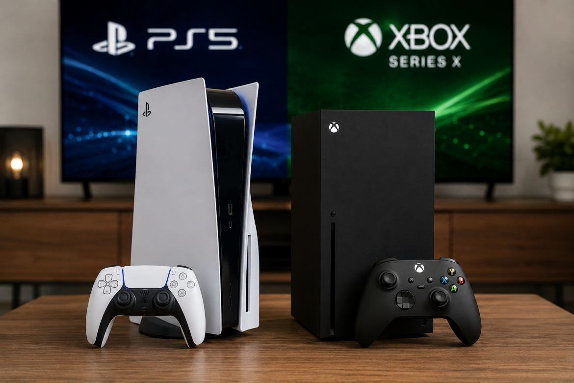 Консолі PlayStation 5 з геймпадом DualSense та Xbox Series X з контролером стоять на дерев'яному столі на фоні двох телевізорів