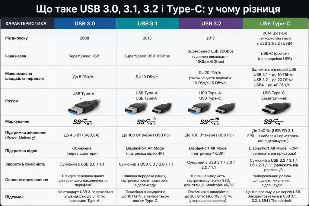 Порівняльна таблиця стандартів USB 3.0, 3.1, 3.2 та Type-C з характеристиками швидкості, роз'ємів та підтримки живлення