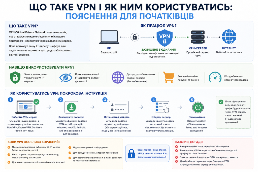 Інфографіка про VPN: що це таке, як працює, навіщо потрібен та покрокова інструкція з підключення