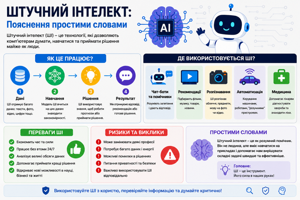 Інфографіка про штучний інтелект: принцип роботи, сфери застосування, переваги та ризики ШІ пояснені простою мовою