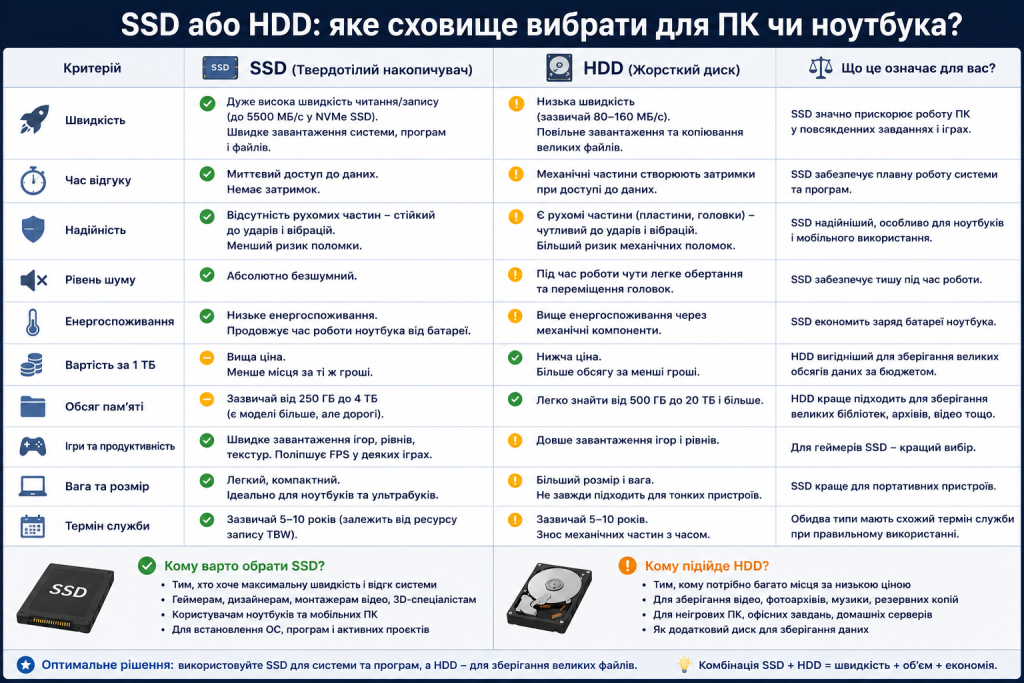 Порівняльна таблиця SSD та HDD накопичувачів за швидкістю, надійністю, рівнем шуму, енергоспоживанням, вартістю та обсягом пам'яті