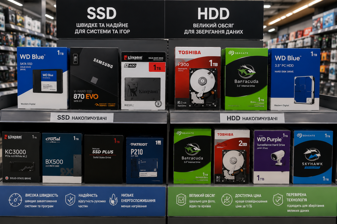 Стелаж магазину електроніки з SSD накопичувачами WD, Samsung, Kingston та HDD дисками Toshiba, Seagate і WD з цінниками та описами