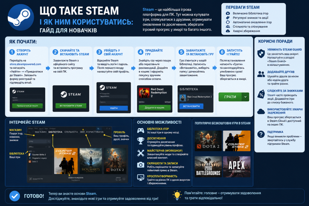 Інфографіка-гайд для новачків про платформу Steam: реєстрація, встановлення, купівля ігор та основні функції