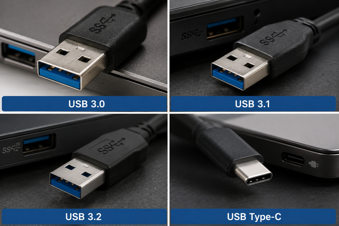 Колаж з фотографіями чотирьох типів USB-роз'ємів: USB 3.0, USB 3.1, USB 3.2 та USB Type-C з підписами