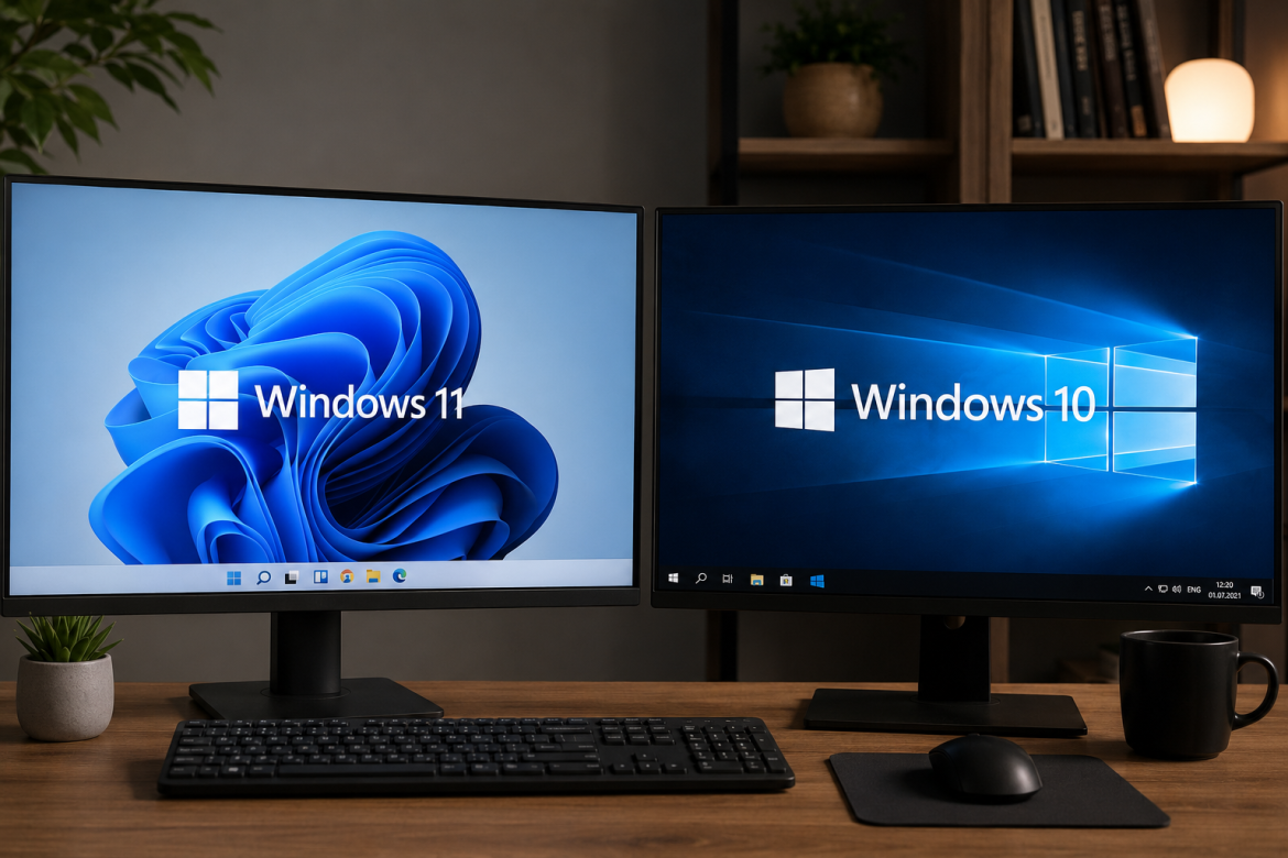 Два монітори на робочому столі: лівий з екраном завантаження Windows 11, правий — Windows 10 для наочного порівняння операційних систем