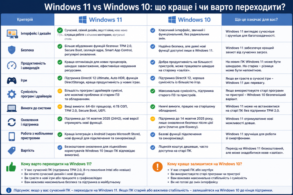 Порівняльна таблиця Windows 11 і Windows 10 за критеріями: інтерфейс, безпека, продуктивність, ігри, сумісність та вимоги до системи