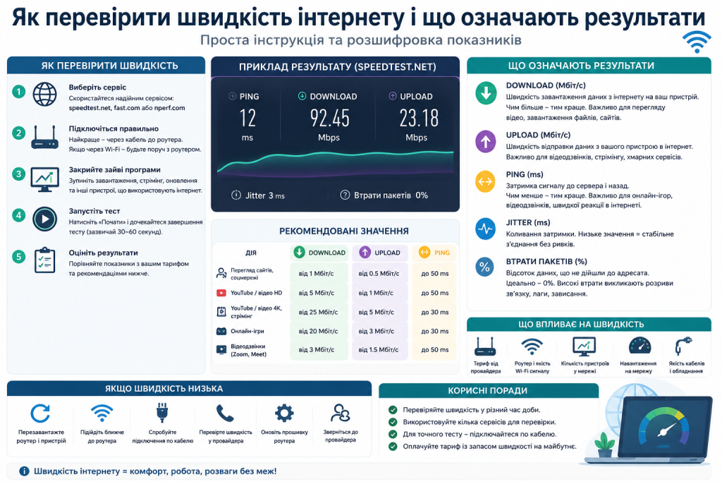 Інфографіка з інструкцією перевірки швидкості інтернету: пояснення показників download, upload, ping, jitter та рекомендовані значення для різних задач