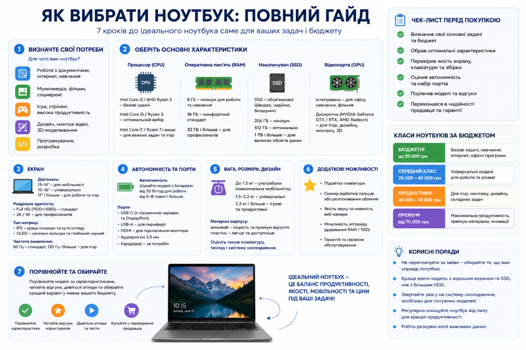 Інфографіка з покроковим гайдом вибору ноутбука: процесор, RAM, SSD, екран, автономність, бюджет та класи моделей