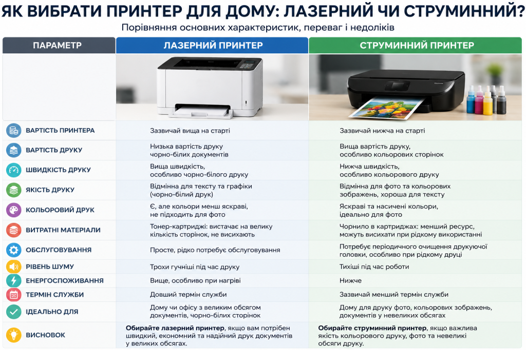 Порівняльна таблиця лазерного та струминного принтера за параметрами: вартість, швидкість, якість друку, обслуговування та енергоспоживання