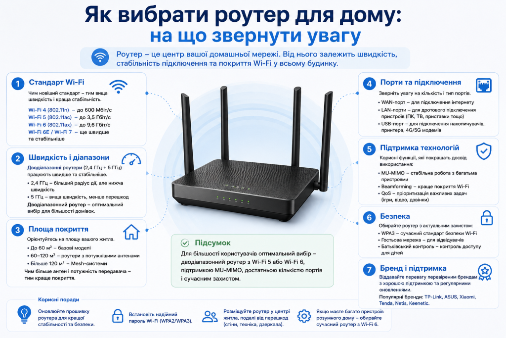 Інфографіка з порадами щодо вибору домашнього роутера: стандарт Wi-Fi, швидкість, площа покриття, порти, безпека та популярні бренди