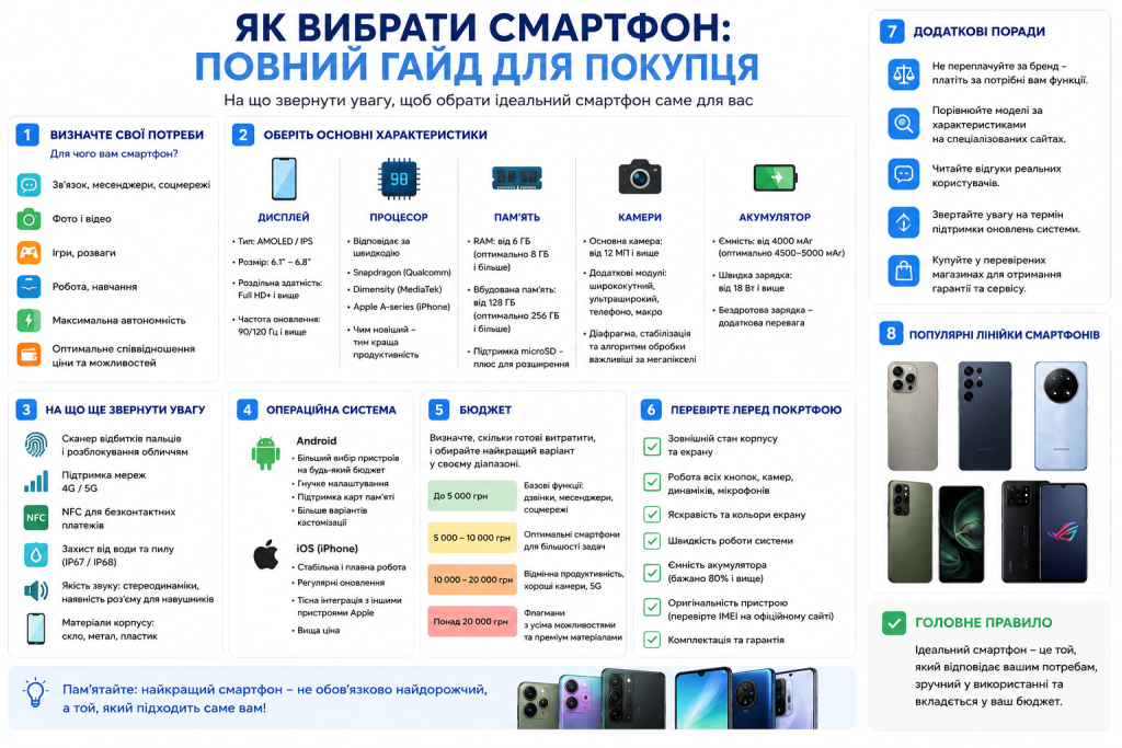 Інфографіка з гайдом вибору смартфона: дисплей, процесор, камера, акумулятор, операційна система та бюджет