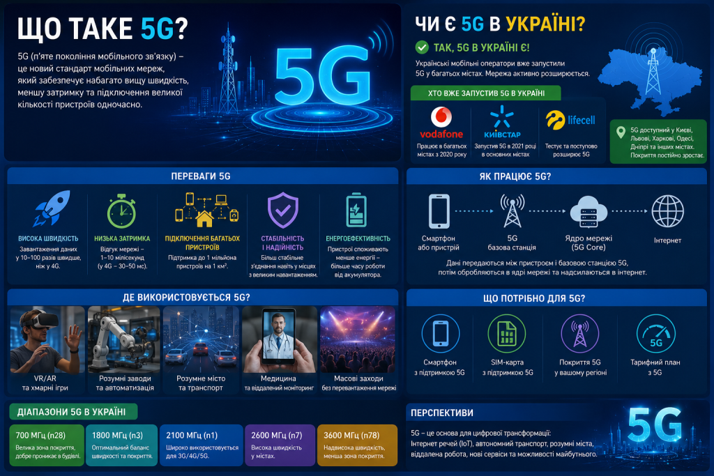 Інфографіка про 5G в Україні з переліком операторів, перевагами технології та діапазонами частот
