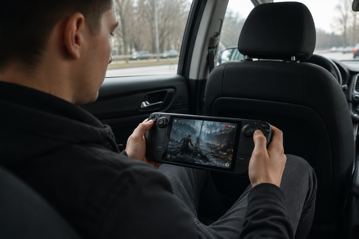 Чоловік грає у портативну консоль Steam Deck в автомобілі, тримаючи пристрій в руках