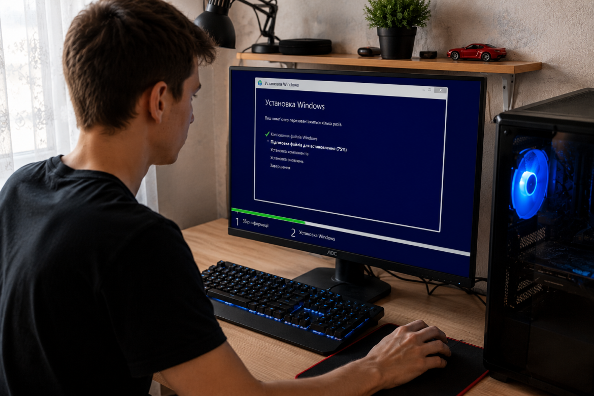 Хлопець спостерігає за процесом встановлення Windows 11 на моніторі домашнього комп'ютера