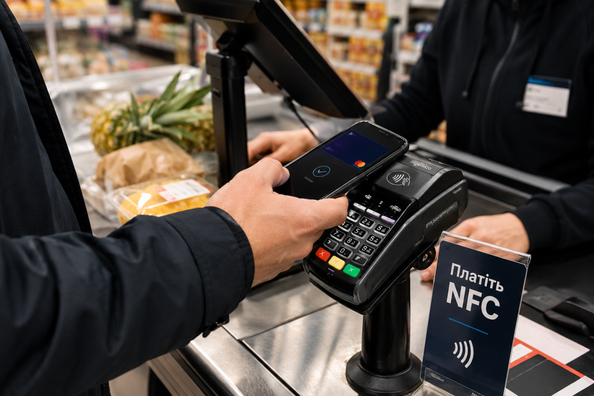 Покупець оплачує товари смартфоном за допомогою технології NFC через платіжний термінал.