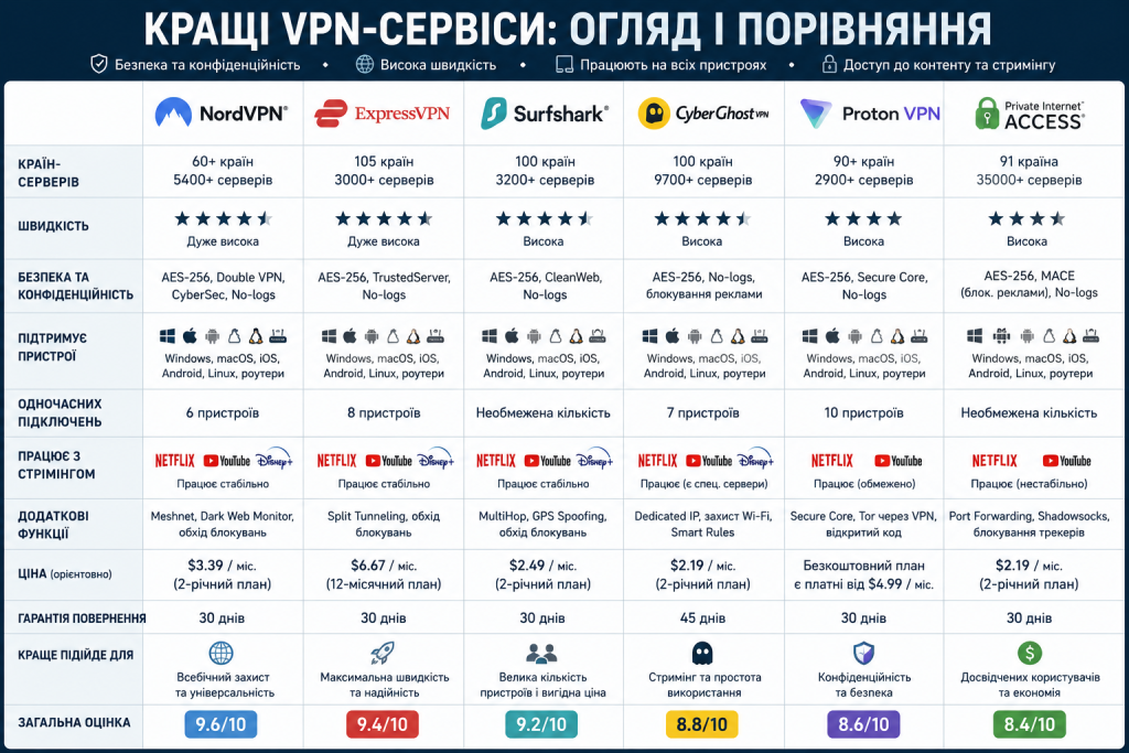 Порівняльна таблиця популярних VPN-сервісів із характеристиками та цінами