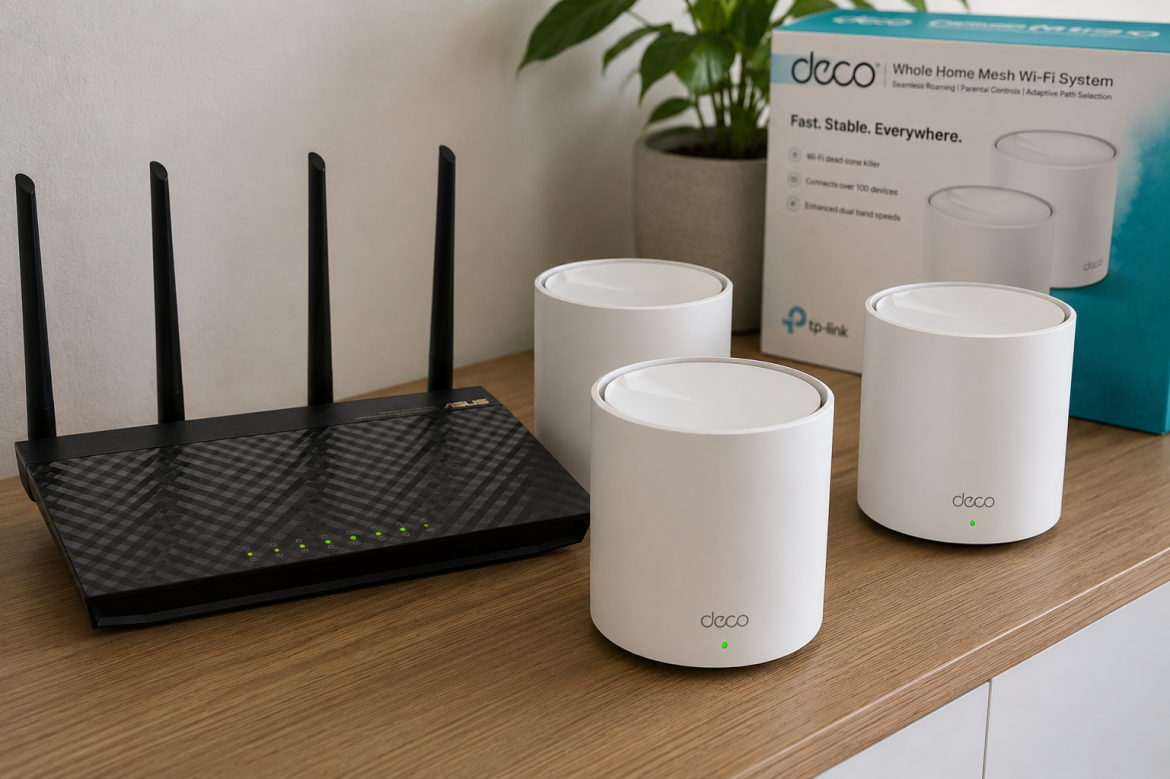 Mesh Wi-Fi модулі поруч із бездротовим роутером на столі