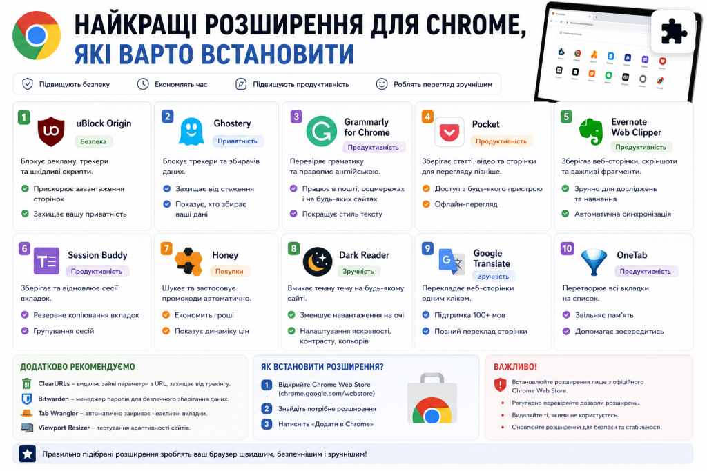 Інфографіка з добіркою популярних розширень для браузера Google Chrome та їх основними можливостями.