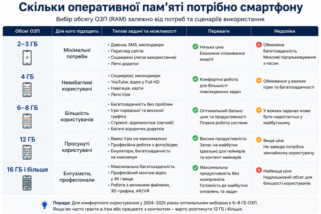 Таблиця з рекомендаціями щодо обсягу оперативної пам'яті смартфона залежно від потреб користувача