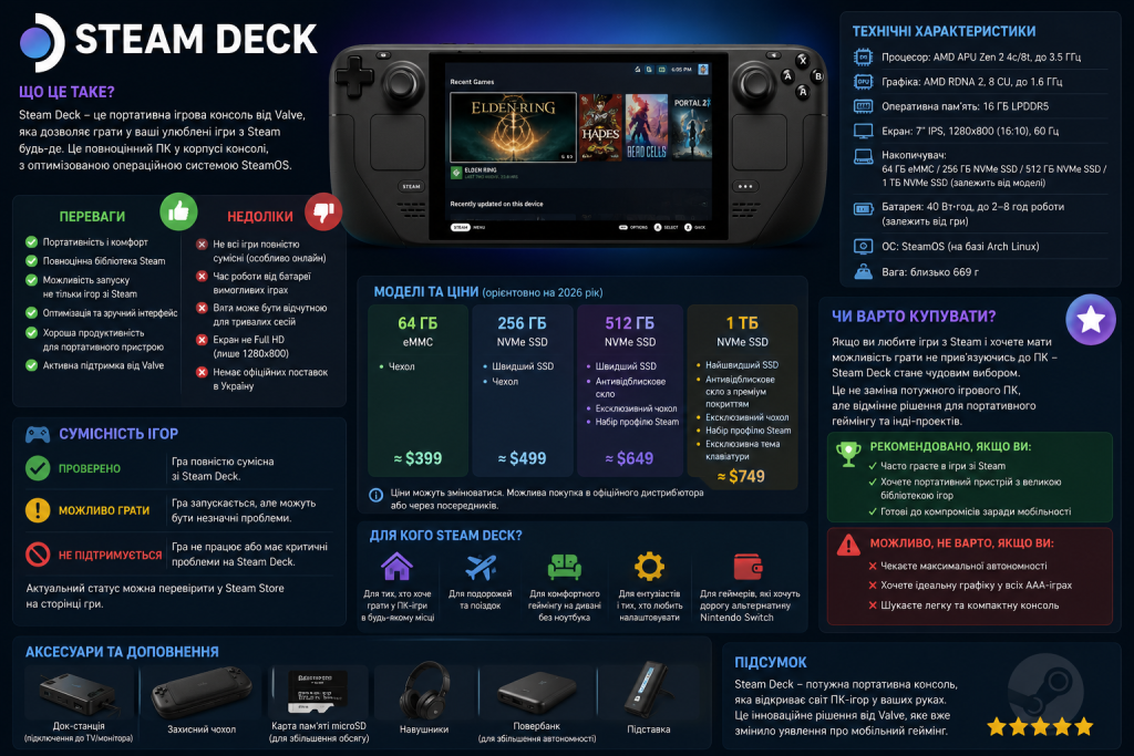 Інфографіка про портативну ігрову консоль Steam Deck з характеристиками, моделями, цінами та перевагами