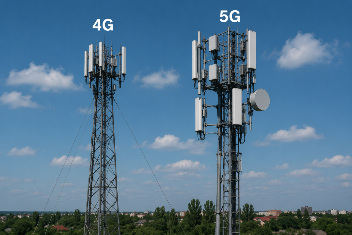 Порівняння телекомунікаційних веж 4G та 5G на фоні блакитного неба
