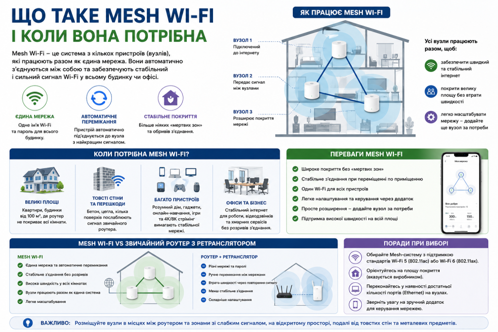 Інфографіка про принцип роботи та переваги Mesh Wi-Fi