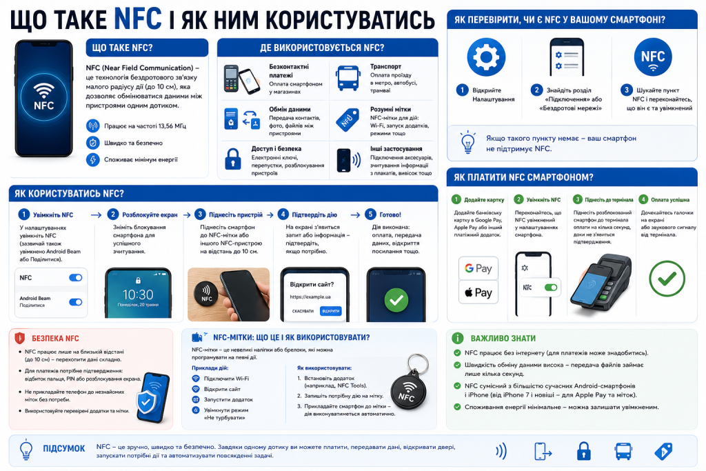 Інфографіка про технологію NFC, принцип роботи, способи використання та безконтактну оплату смартфоном.