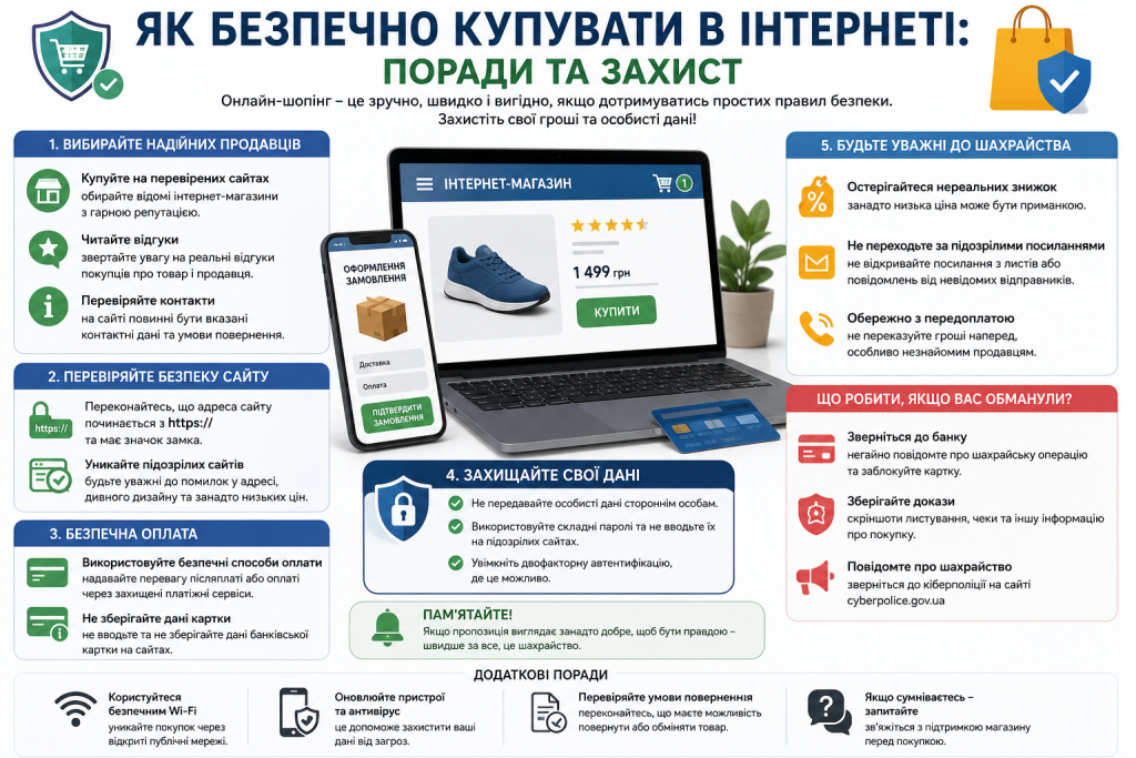 Інфографіка з порадами щодо безпечних покупок в інтернеті та захисту від шахрайства