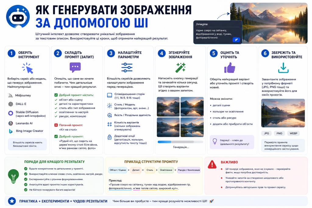 Інфографіка з покроковою інструкцією створення зображень за допомогою сервісів штучного інтелекту.