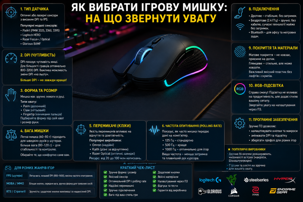 Інфографіка про вибір ігрової мишки для різних жанрів ігор