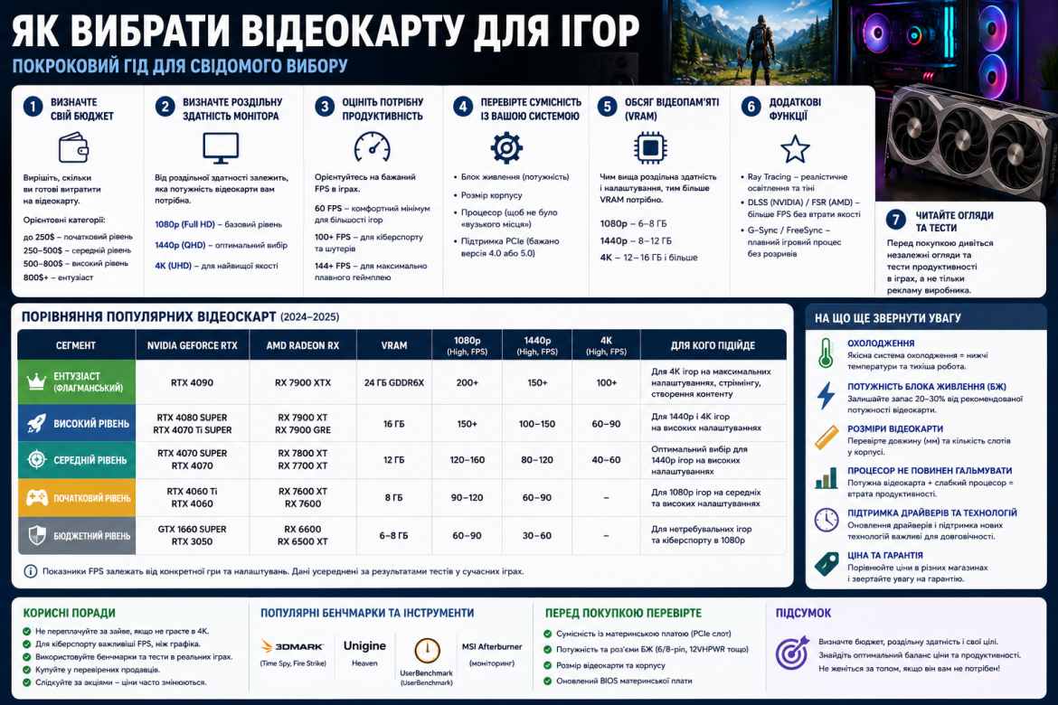 Інфографіка з рекомендаціями щодо вибору ігрової відеокарти залежно від бюджету та потреб.