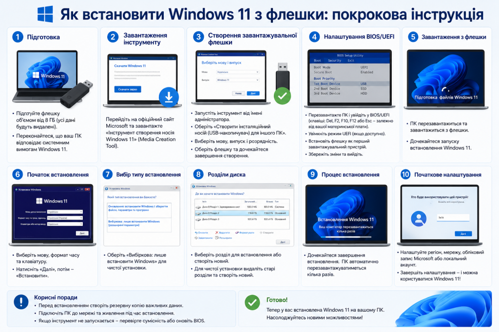 Інфографіка з 10 кроками встановлення Windows 11 з завантажувальної флешки