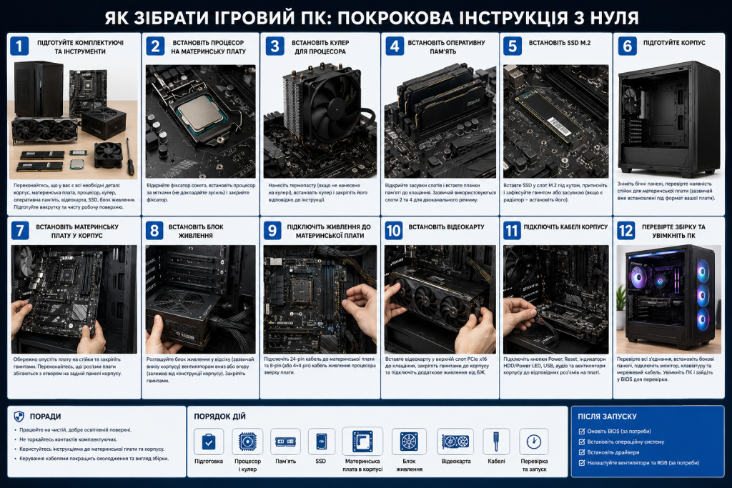 Покрокова інфографіка збирання ігрового комп'ютера від підготовки комплектуючих до запуску